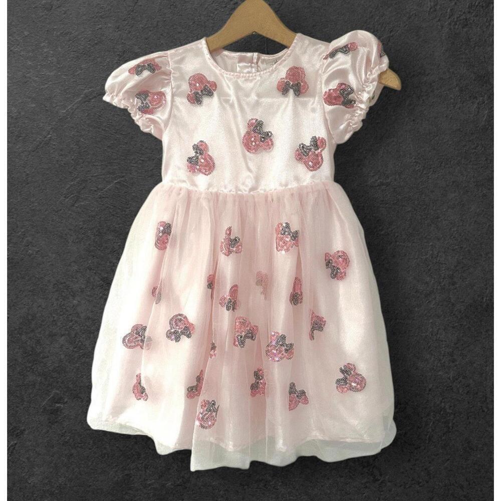 Disney Minnie Mouse Girls Dress Fit & Flare Puff Sleeve Tulle Sequin Pink 5/6 - Picture 1 of 15
